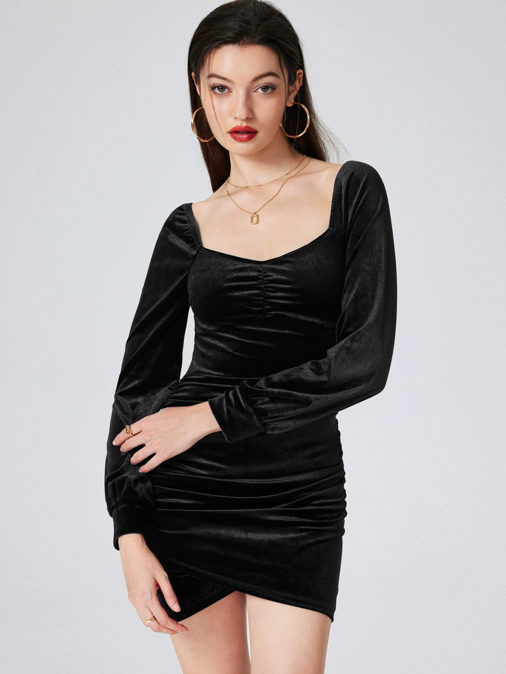 ZARA Chic Velvet Square Neck A Line Long Puff Sleeve Party Dress Sexy